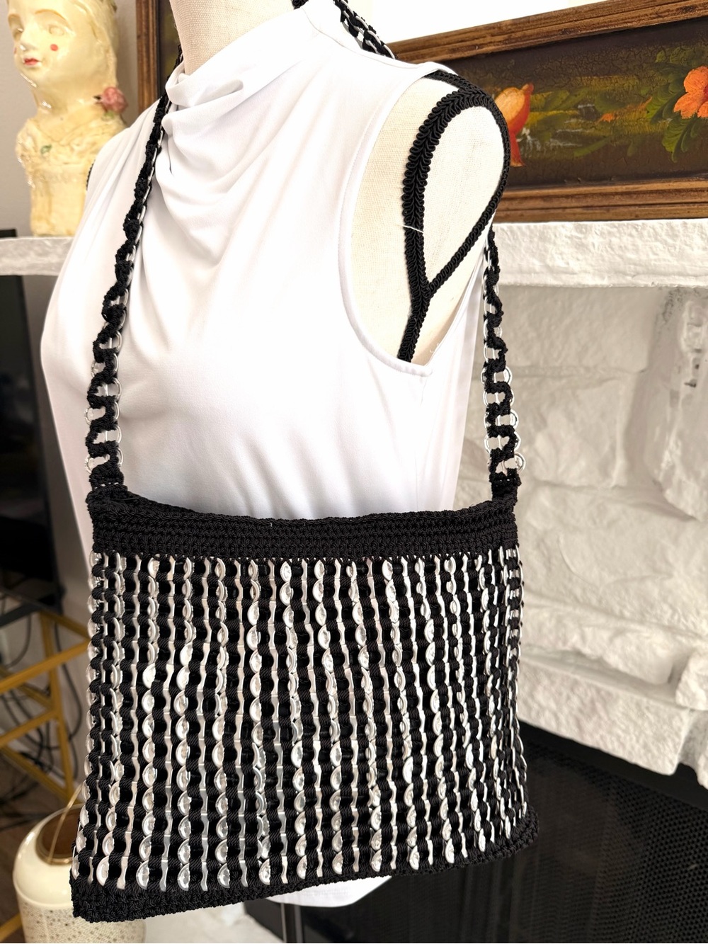 Handmade Black Crochet Aluminum Pop Tab Shoulder Bag Upcycled Y2K